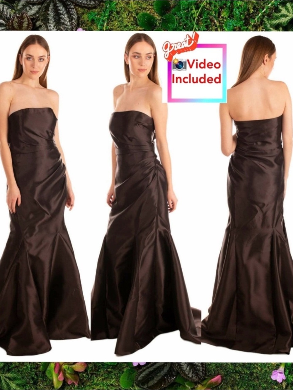 Badgley Mischka Strapless Chocolate Brown Satin Mermaid Gown NWT